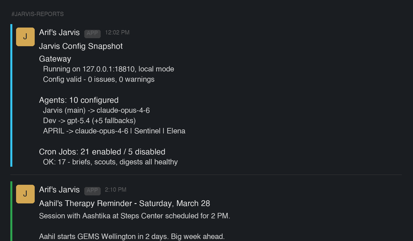 Real Slack messages from my AI agents — config snapshots, ops digests, and personal reminders delivered automatically